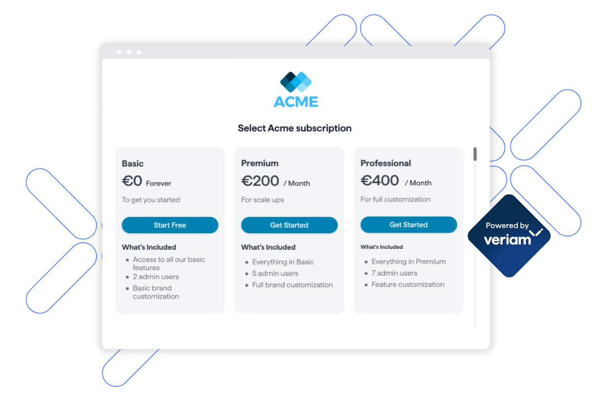 Subscriptions plan page powered by veriam